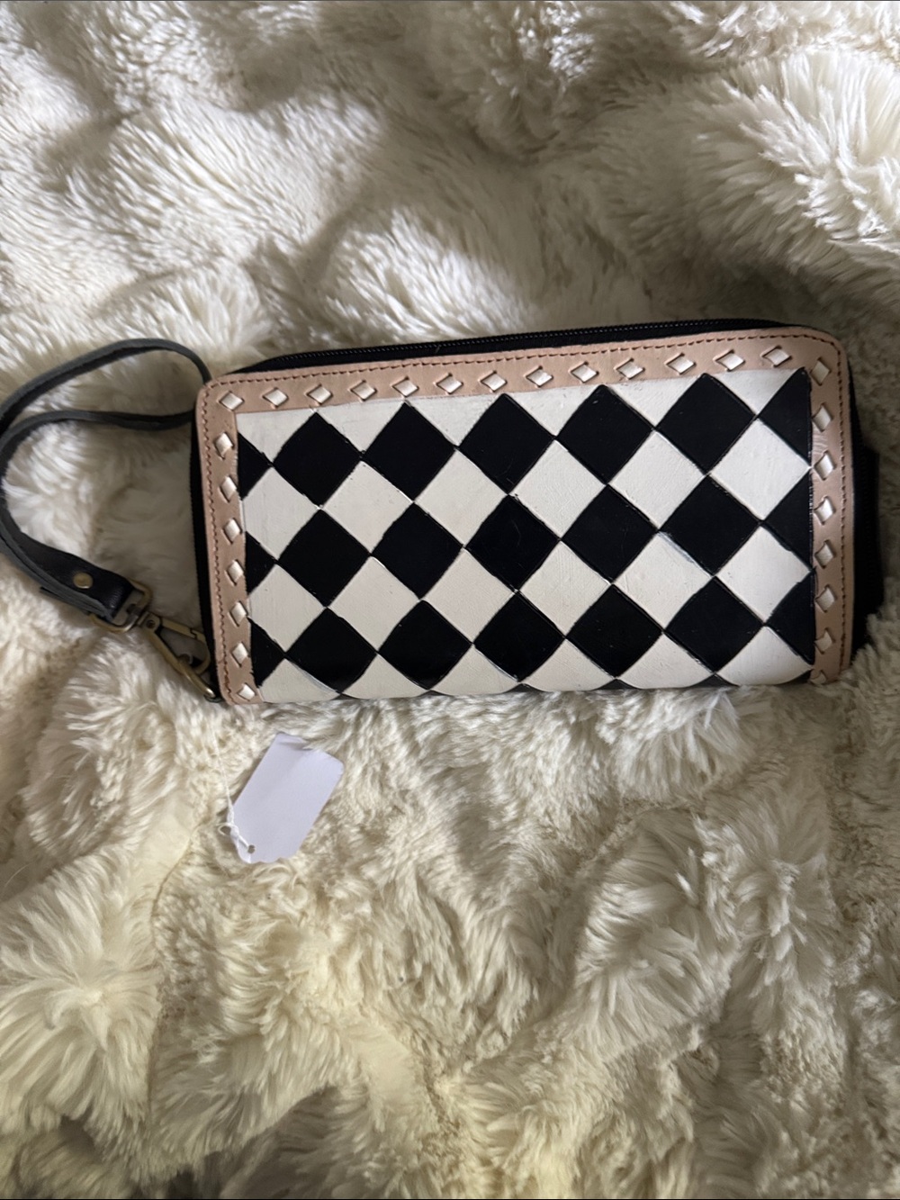 Hand painted leather Black & White Checkered Wristlet Clutch - Neutral Trim